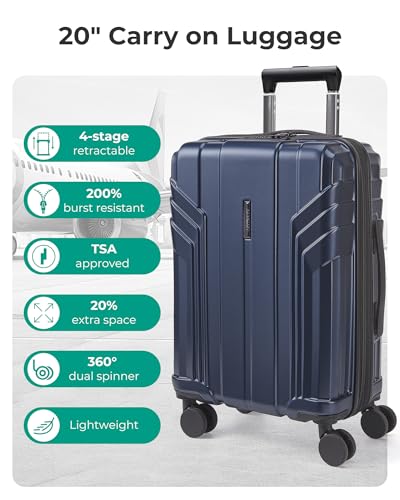 BAGSMART Expandable Carry On Luggage 22x14x9 Airline Approved, 20 Inch Travel Luggage with Spinner Wheels, Lightweight Hard Shell Suitcase Carry on Dark Blue