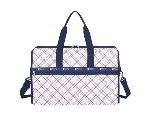 LeSportsac Modern Tattersall Deluxe Large Weekender Crossbody Bag, Style 4319/Color E839, Classic Navy & Bold Red Unite on Crisp White Bag, Modern Lilac Accent, Fun Interpretative Tartan Plaid