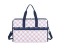 LeSportsac Modern Tattersall Deluxe Large Weekender Crossbody Bag, Style 4319/Color E839, Classic Navy & Bold Red Unite on Crisp White Bag, Modern Lilac Accent, Fun Interpretative Tartan Plaid