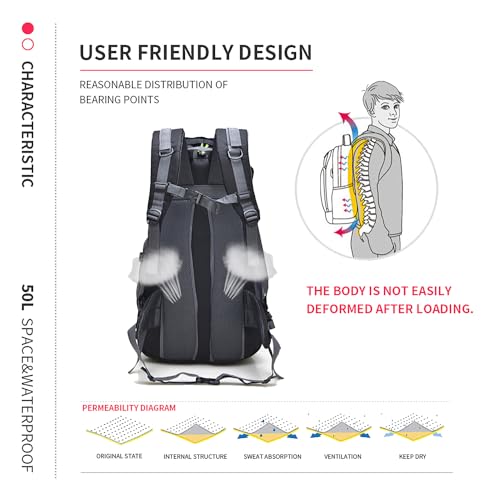 Bseash 50L Hiking Backpack, Water Resistant Lightweight Outdoor Sport Daypack Travel Bag for Camping Climbing Skiing Cycling (Army Green - With Shoe Compartment)