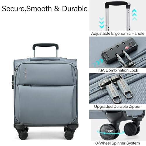 Hanke 16 Inch Underseat Carry On Luggage with Spinner Wheels for Airline, Small Softside TSA Approved Luggage Lightweight Rolling Suitcases Under Seat Travel Carry-On Bag(Grey)