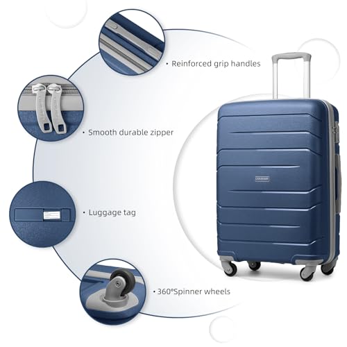 LARVENDER 3-Piece Carry On Luggage Set for Women,Hard Shell Suitcase 20Inch Carry On Luggage 22x14x9 Airline Approved, Spinner Wheel and TSA Lock（Navy 20Inch/DB/TB）