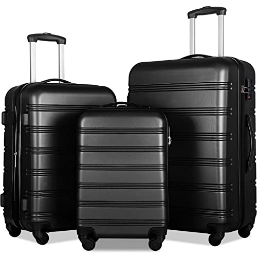 Merax Luggage Set, Lightweight Carry on Luggage Airline Approved, Hard Case with Spinner Wheels,Black, 3 Set