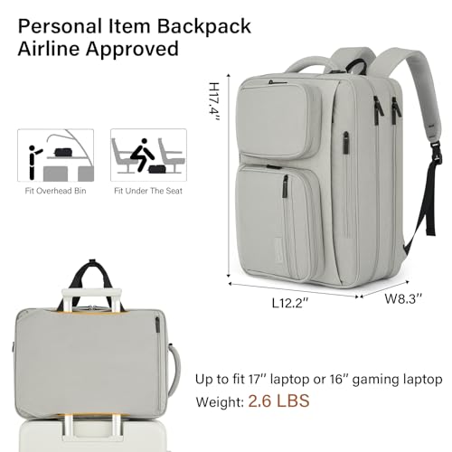 Hanke Convertible Laptop Bag, 3 In 1 Briefcase Backpack for 17.3 Inch Laptop, Computer Work Bag for Men Women, Water Resistant Business Messenger Shoulder Bag for Office Commute Travel, Grey