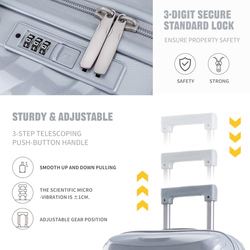 LARVENDER Luggage Sets 3 Piece, Hardside PP Carry On Luggage Suitcase with 360° Spinner Wheels Suitcase Sets for Women Men, Silver Grey