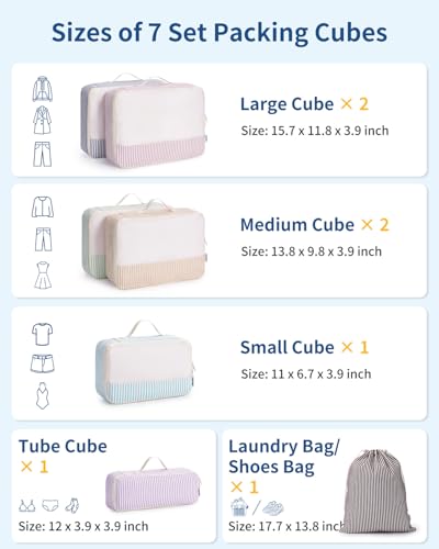 Narwey 7 Set Striped Packing Cubes for Travel Carry on Suitcase Luggage Organizer Bags for Kids Women Men, Durable Packing Organizers Bag, Travel Essentials Accessories (Stripe Combined)