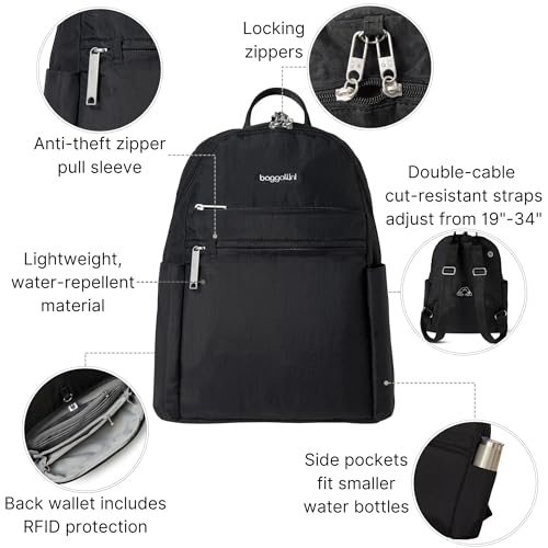 Baggallini Securtex® Anti-theft Vacation Travel Backpack 10x13 Slash-Resistant Nylon Daypack w/RFID, Black