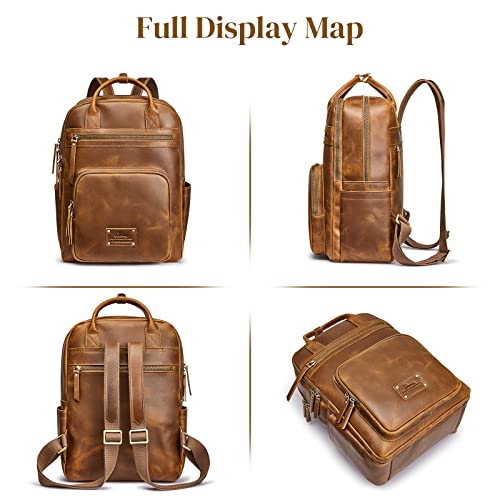 S-ZONE Vintage Genuine Leather Backpack Purse for Women Men Rucksack Travel Daypack with Luggage Sleeve