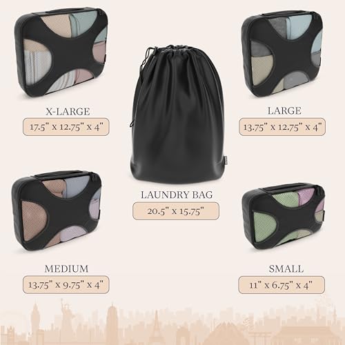 Shacke 5 Set Packing Cubes for Travel – Luggage Organizer & Suitcase Bags with Laundry Bag, Carry On Packing Organizer, Travel Accessories for Women Men (Pure Black)