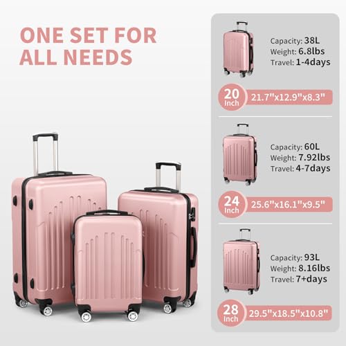 Karl home Luggage Sets 3 Piece, ABS Hardside Suitcase Set with Double Spinner Wheels & TSA Lock for Travel Business, 3-Piece Set (20/24/28), Light Pink