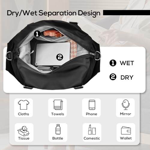 Joyway Travel Duffel Bag, Weekender Overnight Bag for Women, Sports Tote Gym Bag with Wet Pocket, Foldable Personal Item Travel Duffle Bag with Trolley Sleeve, Black