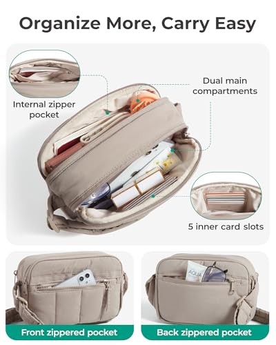 BAGSMART Cross Body Purse, Mini Crossbody Bags for Women Travel Purse, Puffy Shoulder Handbag Wallet with RFID Blocking Slots, Brown-small