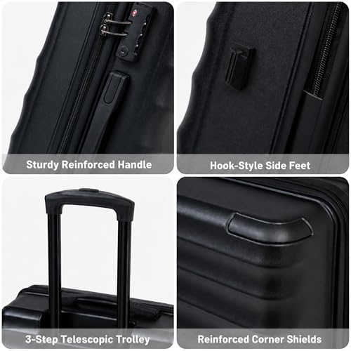 CONCEPTEN Luggage Sets, 5 Piece Durable Suitcase Set with Spinner Wheels, ABS Hard Shell Lightweight Luggage with TSA Lock, Large Checked Travel Suitcases, 20/24/28 Inch, Black