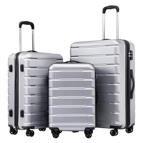 Coolife Luggage 3 Piece Set Suitcase Spinner ABS+PC Hardshell Lightweight TSA Lock USB Port, 20in 24in 28in Carry on Expandable (only 28’’), Silver