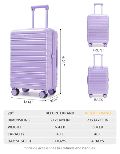 LARVENDER Carry On Luggage 22x14x9 Airline Approved, 20 Inch Expandable PC+ABS Hardside Suitcase Carry On Luggage with Spinner Wheels TSA Lock for Women Men (Lavender)