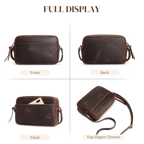 S-ZONE Crossbody Bags for Women Top Grain Leather Shoulder Handbags Camera Bag Purse Adjustable Strap Travel Daily Dark Brown