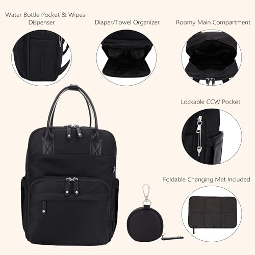 JESSIE & JAMES BeBe CCW Diaper Bag Nylon Backpack Multi Function Backpack with Changing Pad & Stroller Straps_Black/Black