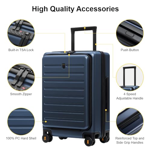 LEVEL8 Road Runner Carry On Luggage with Front Compartment, 20 Inch Lightweight Hard Shell Suitcases with Wheels Airline Approved, Tsa Locks for Luggage, Blue,21.46" x 14.57" x 9.45"