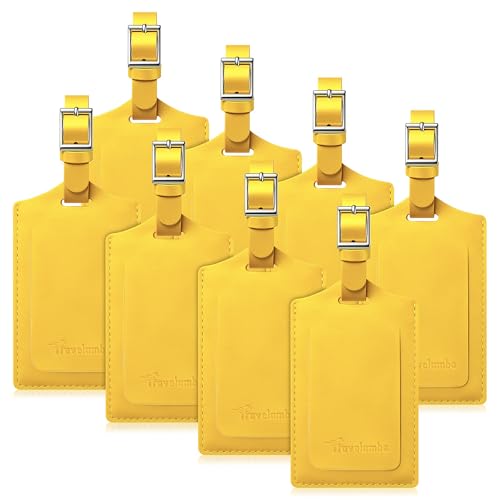 Travelambo 8 Pack Luggage Tags Faux Leather for Suitcases Travel Bag Labels Travel Accessories Essential with Protection Cover ID (Yellow)