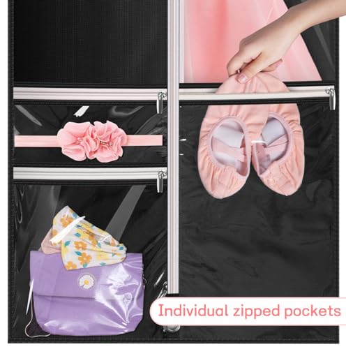 KIMBORA Costume Dance Garment Bag with 3 Clear Zipper Pockets for Suits Dress Cover, Travel Storage & Competitions, Set of 2 (Black)