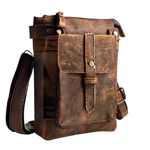 Le'aokuu Mens Genuine Leather Small Messenger Shoulder Satchel Waist Bag Pack 8711 (8711 A-Dark Brown)