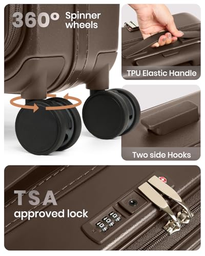 Joyway Luggage Set 5 Piece Top Opening Suitcase Set with Spinner Wheel and TSA Lock, PC Hard Shell Carry on Luggage with Front Pocket, Suitcase with Backpack and Foldable Storage Bag (Coffee)