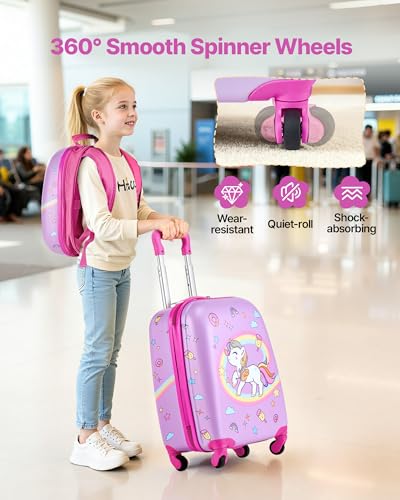 VEVOR Kids Luggage Set, 2 Piece, 18 Inch Hardside Rolling Wheels Suitcase with Hard-Shell Backpack, Unicorn Kids Carry on Luggage Set, Holiday Birthday Gift for Girls & Boys, Airline Approved