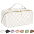 ALEXTINA Travel Makeup Bag, Large Capacity Cosmetic Bag for Women, Open Flat Make up Bag, Waterproof PU Leather Checkered Makeup Organizer Bag with Collapsible Handle,Toiletry Bag for Cosmetics, White
