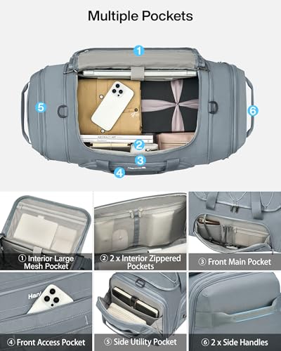 Hanke Gym Bag for Men Women, Expandable 45L-55L Large Capacity Travel Duffle Bag, 3-in-1 Weekender Backpack with Shoe Compartment & Wet Pocket, Durable Water-Resistant, Grey