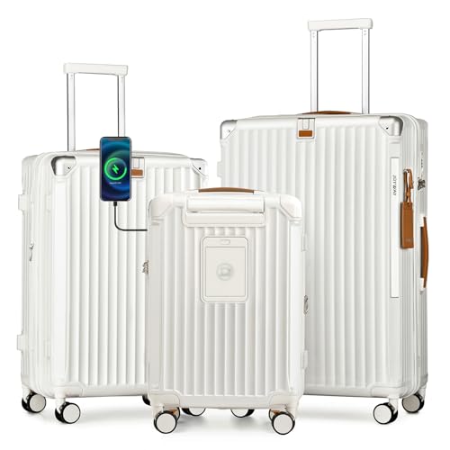 Joyway 3 Piece Set Hardside Expandable Luggage with USB Charging Port and Cup Holder, TSA Lock Spinner Wheels Suitcase for International Travel, Lightweight Carry On Checked Baggage, White