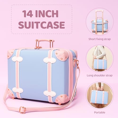 Miss.Box Vintage Carry On Luggage Set with Wheels for Women, Retro Trunk Style PU Leather Suitcase with Matching Vanity Case, 14” & 18” Set