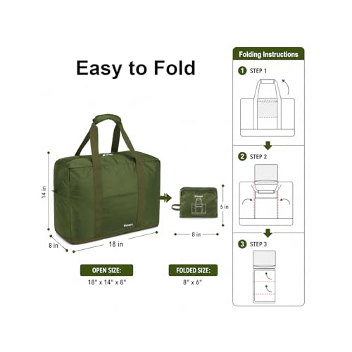 Vimapo Foldable Travel Duffle Bag with Trolley Sleeve 40L Capacity, Lightweight Packable Travel Duffel Bags with the Keyhole Zipper, Weekender Overnight Nylon Carry on Bag for Men & Women, Army Green