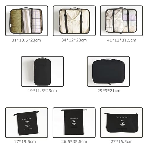 8 Set Packing Cubes for Suitcases Travel Luggage Packing Organizers,Travel Essentials Accessories Luggage Organizer with Shoe Bag Tioletry/Laundry Bag(Black)