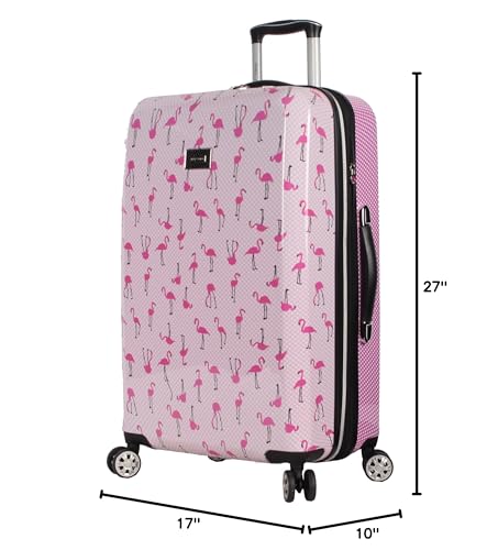 Betsey Johnson 26 Inch Checked Luggage Collection - Expandable Scratch Resistant (ABS + PC) Hardside Suitcase - Designer Lightweight Bag with 8-Rolling Spinner Wheels (Flamingo Strut)