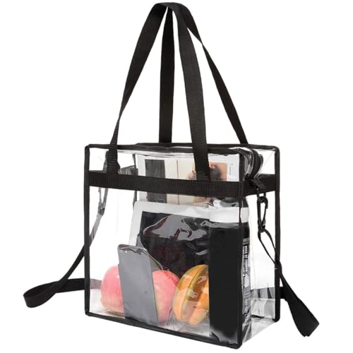 BAGAIL Clear Bags Stadium Approved Clear Tote Bag with Zipper Closure Crossbody Shoulder Bag with Adjustable Strap(12 Inch X 12 Inch X 6 Inch,Black)