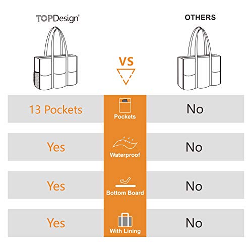 TOPDesign Utility Water Resistant Tote Bag for Women - 13 Exterior & Interior Pockets, Top Zipper Closure, Thick Bottom Support - Perfect Work Tote for Teachers, Nurses, Accountants, Professionals