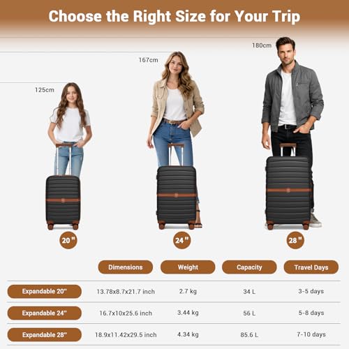 Kono Expandable 28 Inch Luggage with Spinner Wheels, Large Checked Luggage with Lock, Lightweight & Anti-Scratch PC+ABS Hardshell Travel Suitcase, Black/Brown