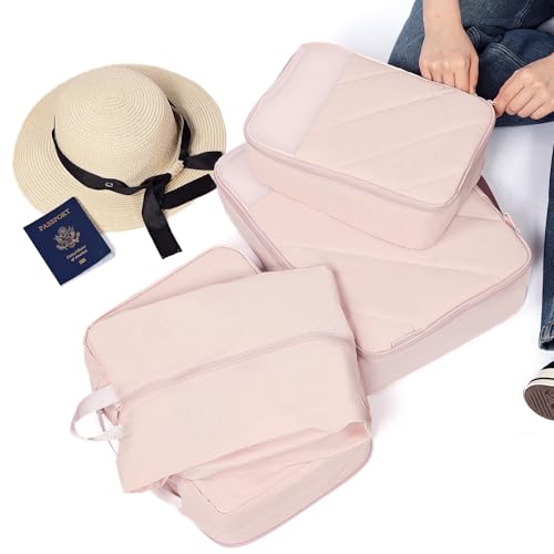 NISHEL 6 Set Packing Cubes for Travel, Luggage Organizer Bags with Shoe Bag, Lightweight, Durable Space Saver Bags Travel Essentials, Pink