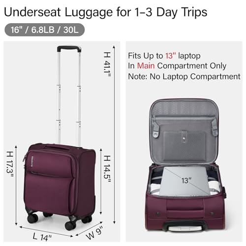 Hanke 16 Inch Underseat Carry On Luggage with Spinner Wheels Airline Approved, Small Rolling Suitcase Softside Underseater Lightweight TSA Travel Roller Suitcase Carry-On Bag(Purple)