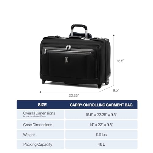Travelpro Platinum Elite Carry-On Rolling Garment Bag, Men and Women, Shadow Black, 22-Inch