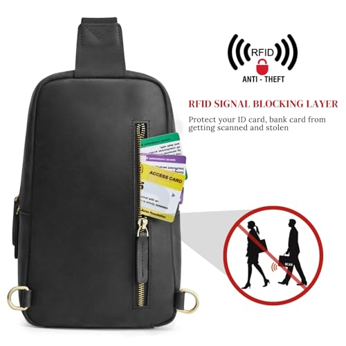 S-ZONE Sling Bag for Men Women RFID Blocking Top Grain Leather Crossbody Shoulder Bag Chest Hiking Daypack Travel