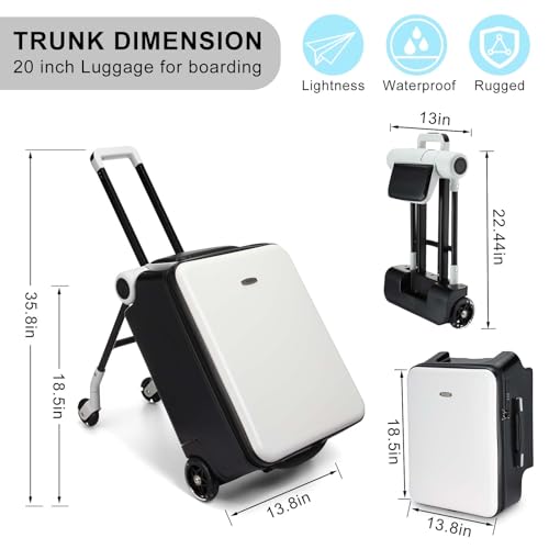 Bulyoou Carry on Luggage with Seat for Kids Expandable Ride on Suitcase with Spinner Wheels and Locks for Travel (White)
