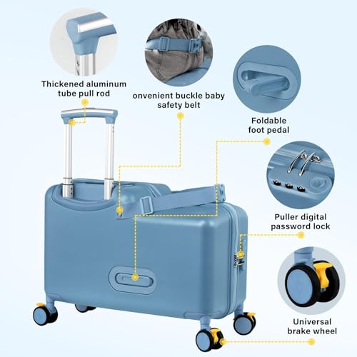 20" Ride on Suitcase for Kids, Carry On Luggage with Kid Seat, Foldable Handlebars Pedals and Removable Wheels Holds up to 110 lbs Luggage Travel Rolling Suitcases for Boys Girls (Blue)