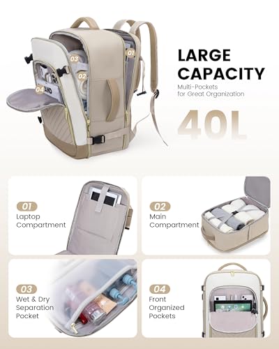 LOVEVOOK Large Travel Backpack for Women, TSA Carry on Backpack for Airplanes, 40L Personal Item Travel Bag for Women fits 17" Laptop,Waterproof Carry on Bag Airplane Approved with 3 Packing Cubes