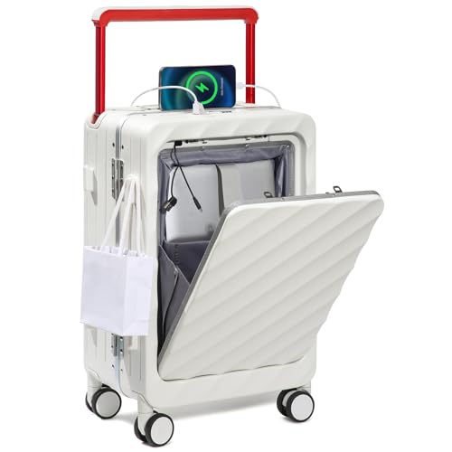 Somago Carry On Luggage Wide Handle 20 Inch Suitcase with Front Compartment Aluminum Framed PC Hardside 22x14x9 No Zipper Business Baggage with Spinner Wheels USB Charging Port TSA Lock