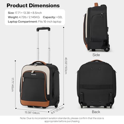 mixi 16 Inch Underseat Carry-On Luggage, Softside Suitcase with Wheels, Fashion Lightweight Water-Resistant Personal Item Travel Bag for Short Trips, Black-Off white