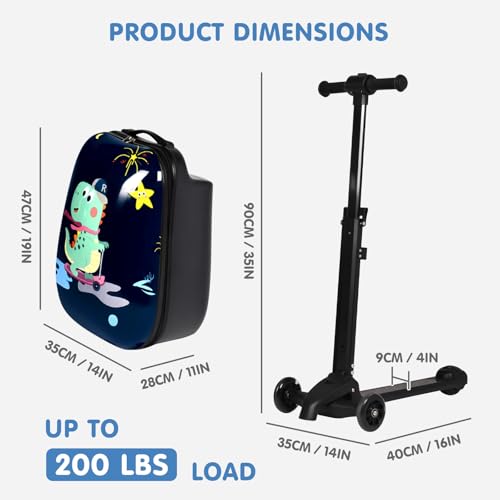 smilesun 4-in-1 Detachable Scooter Luggage for Kids & Teens, Hardside Ride-On Suitcase with Dinosaur Design, Lightweight Foldable, Perfect Travel Gift for Boys(Navy Blue 22-inch)