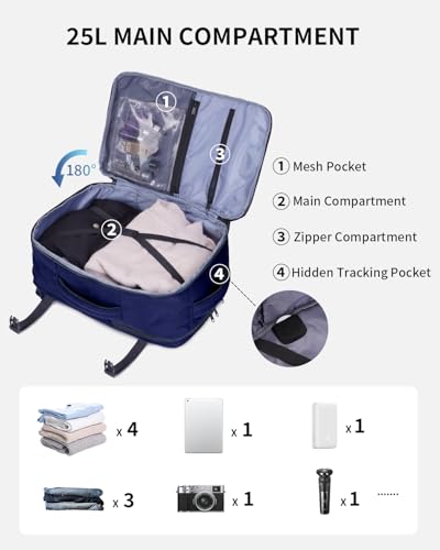 ECOHUB 17" Small Travel Backpack, United Airlines Personal Item Bag 17x10x9 with 16 Pockets, Water Resistant Rucksacks Fit 15.6" Laptop, AirTag Pocket, Lightweight Casual Daypack, 25L, Blue