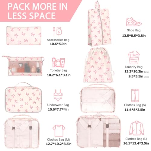 KPX 8 Set Packing Cubes for Travel, Luggage Packing Organizers Accessories Large Toiletries Bag for Clothes Shoes Cosmetics (8Set-Pink Bow)