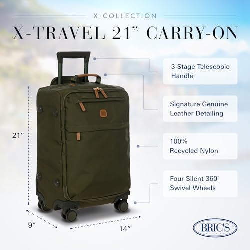Bric's X-Travel 21” Carry-On Spinner – Airline Approved Luxury Softside Luggage with 360° Wheels, Recycled Water-Resistant Fabric, Interior Pockets, and Leather Details – Olive